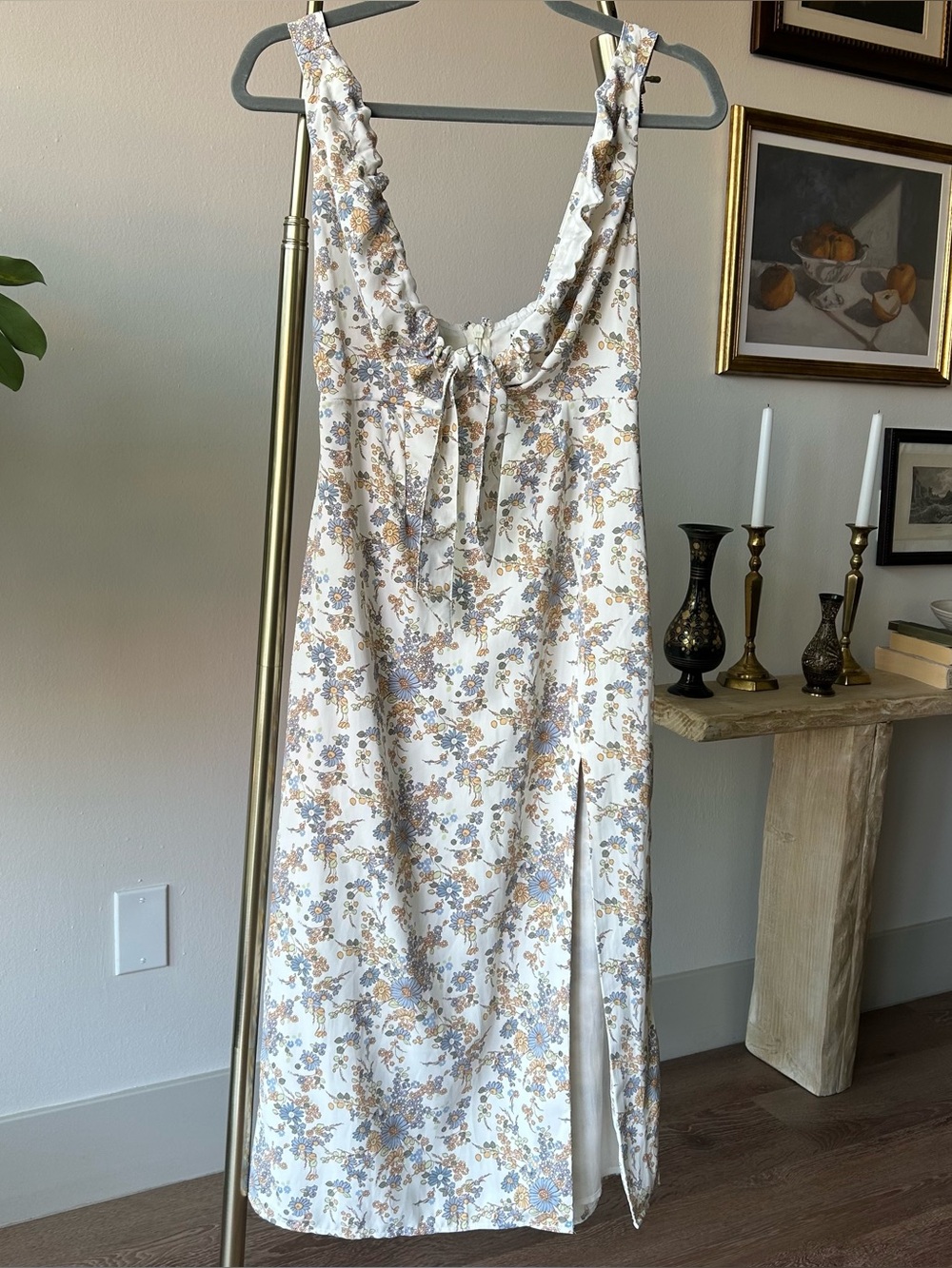 Floral Midi Slip Dress in Cream with Blue & Tan Flowers